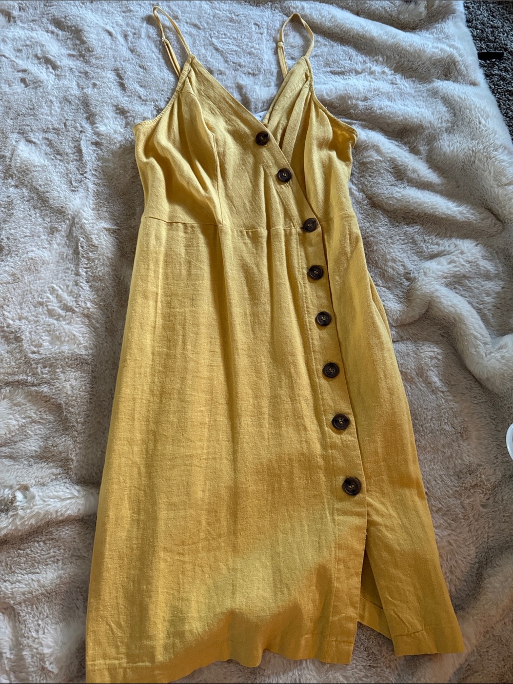 Sunshine Yellow Button-Front Midi Dress with Spaghetti Straps
